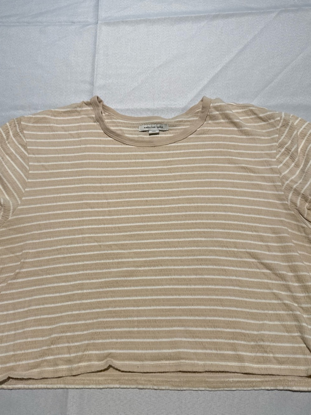 American Eagle Outfitters Beige and White Striped Short Sleeve Crewneck